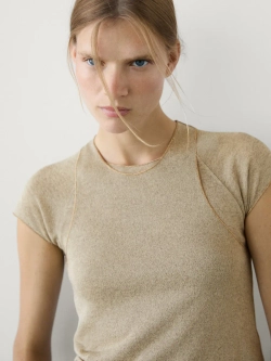 Massimo Dutti Футболка с рукавами реглан и блестящей окантовкой, золотистый