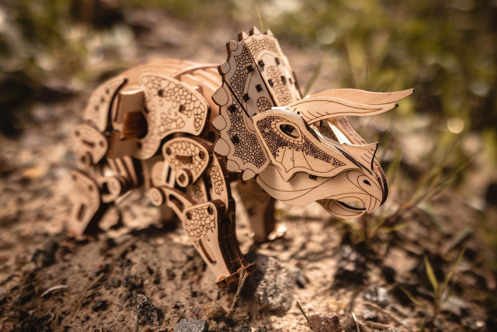 Динозавр Трицератопс от Eco Wood Art (EWA) - Деревянный конструктор, сборная механическая модель, 3D пазл