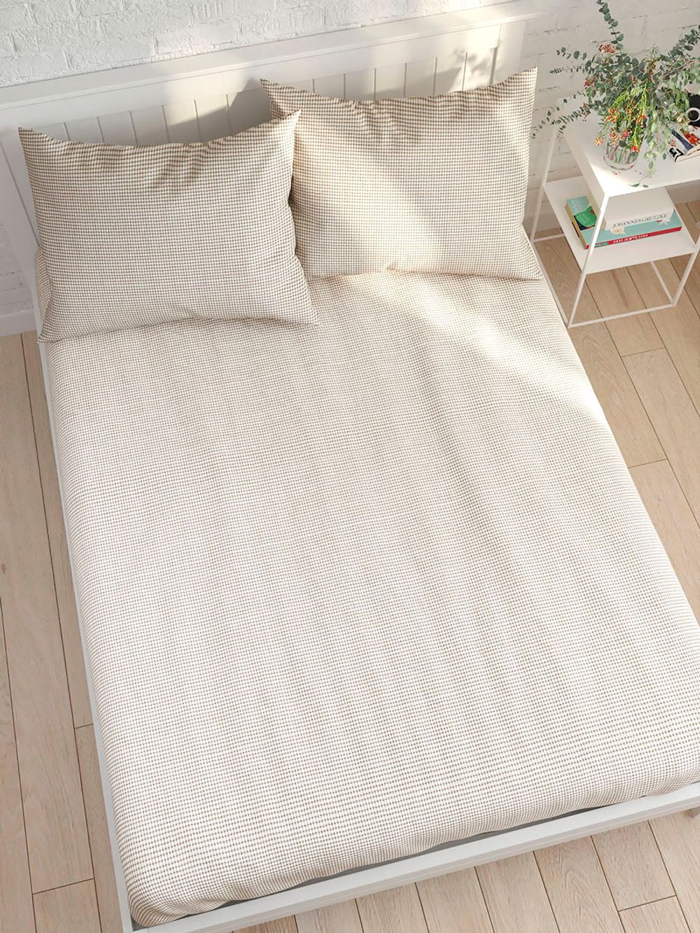 Постельное белье Сказка "Бежевая клеточка" 2-спальный Наволочка 50х70 см 2 шт Простынь на резинке 160х200 см Пододеяльник 175х215 см, перкаль