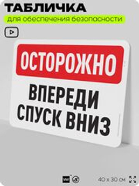 Табличка для обеспечения безопасности "Осторожно, впереди спуск вниз", для офиса, по охране труда для предприятия, организаций, 40х30 см, Silver Plane x Айдентика Технолоджи