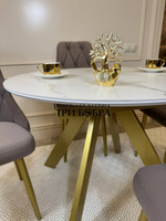Круглый раздвижной стол "Бонжур", керамогранит, белый мрамор и стулья "Лондон"