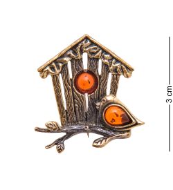 AM-3495 Брошь «Скворечник» (латунь, янтарь)