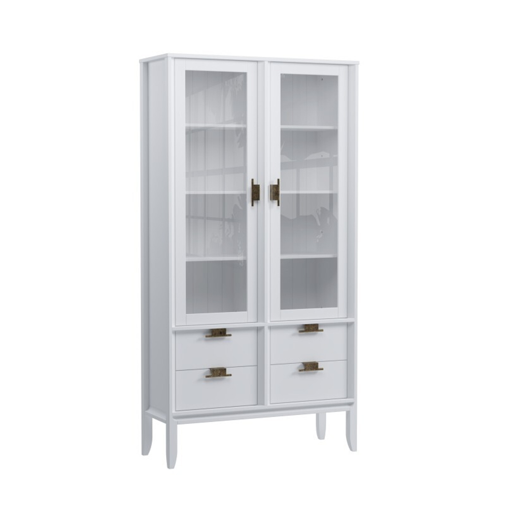 Шкаф для посуды «Бридж» широкий с 2-мя стеклянными дверями и 4-мя ящиками белый лак