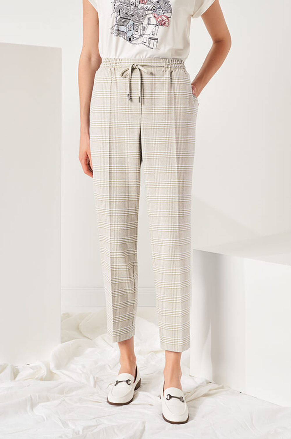 3968 Брюки женские (пепельно-бежевый клетка)