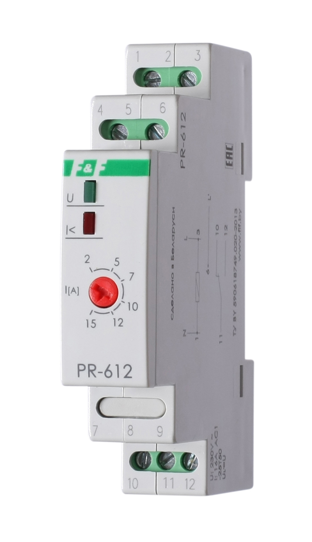 Реле контроля тока PR-612 230В AC 16А 1перекл (диапазон измер-я тока 2-15А) IP20