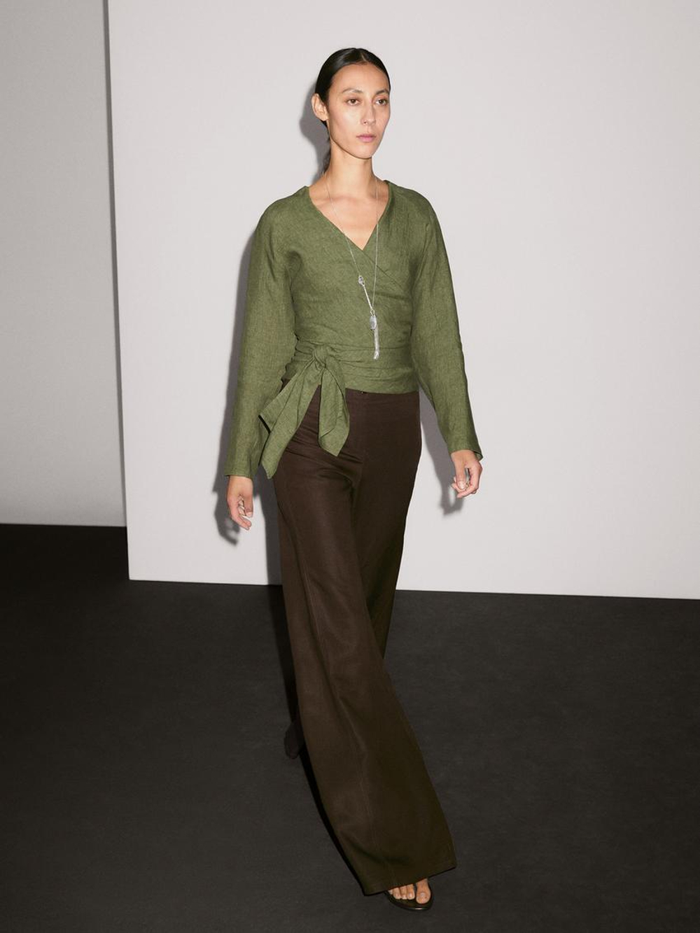 Massimo Dutti Блуза из струящегося льна с завязками на поясе, зеленый