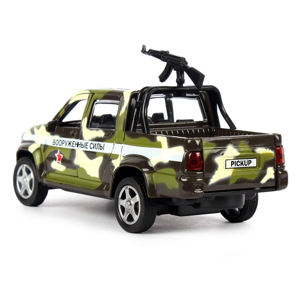 Модель ин. мет. "УАЗ Пикап камуфляж с пулеметом" 12см, двери, багаж. PICKUP-12MIL-ARMGN (Технопарк)