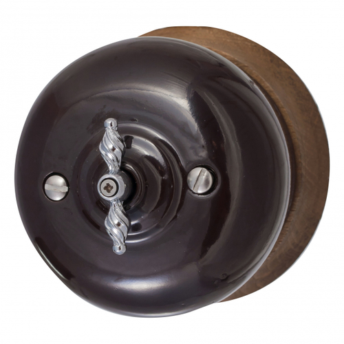 Выключатель BIRONI 1-клавишный, проходной, 10А, 250В, 73*73*50 мм (в комплекте с одноместной круглой рамкой цвет - коричневый) B2-201-020/18