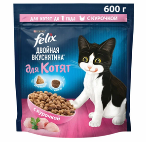 КОРМ FELIX СУХОЙ ДВОЙНАЯ ВКУСНЯТИНА ДЛЯ КОТЯТ 600ГР