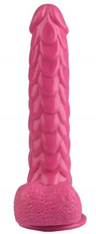 Розовый реалистичный фаллоимитатор с чешуйками на присоске - 24 см. (Цвет: розовый)