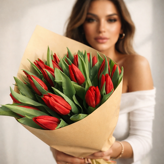 Букет из красных тюльпанов в крафт упаковке