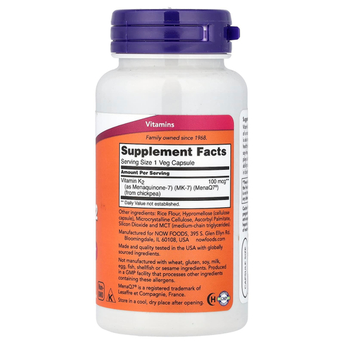 NOW Foods, MK-7, витамин K2, 100 мкг, 120 вегетарианских капсул