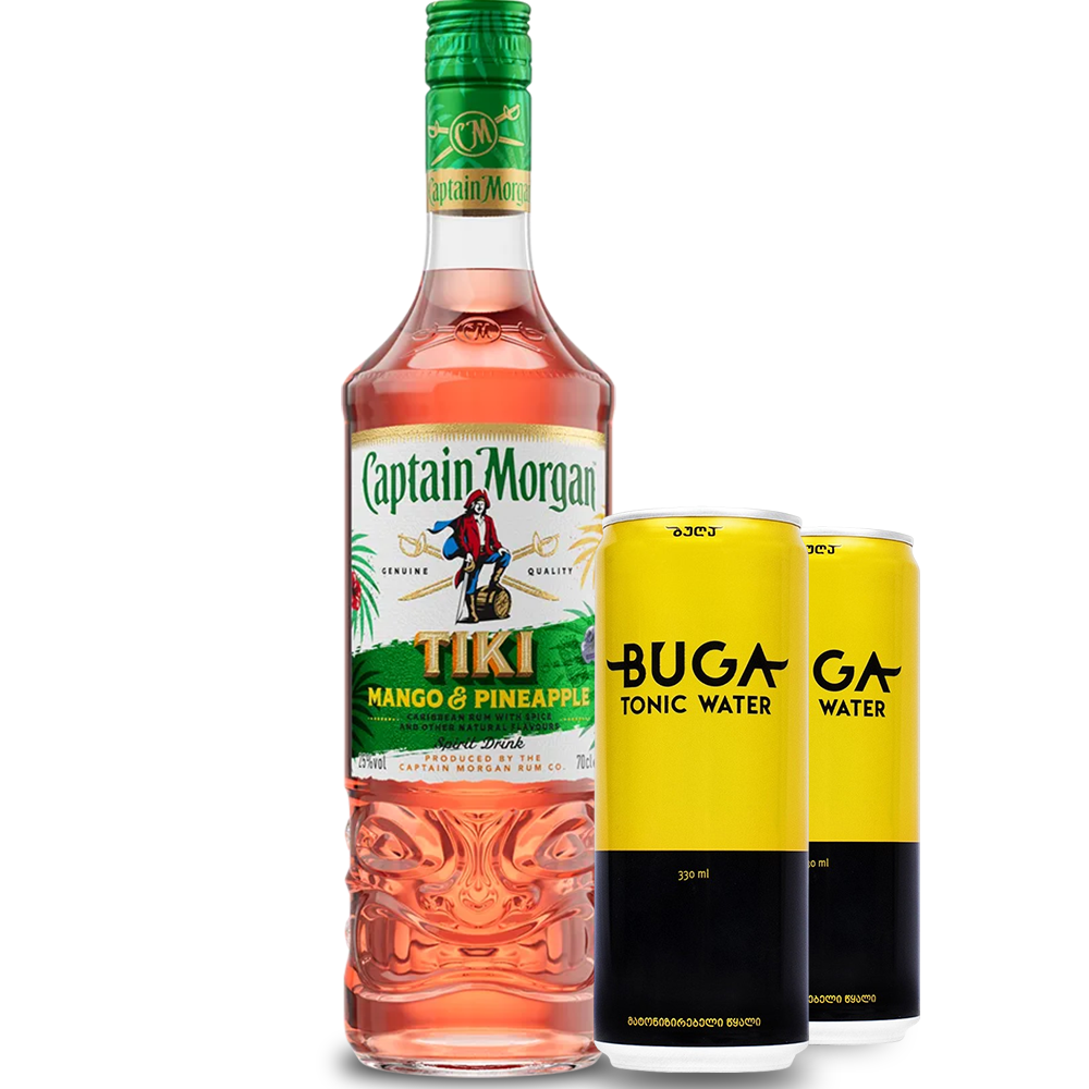 Сет Ром Captain Morgan Tiki 0,7 л + 2 Тоник Buga 0,33 л. in can