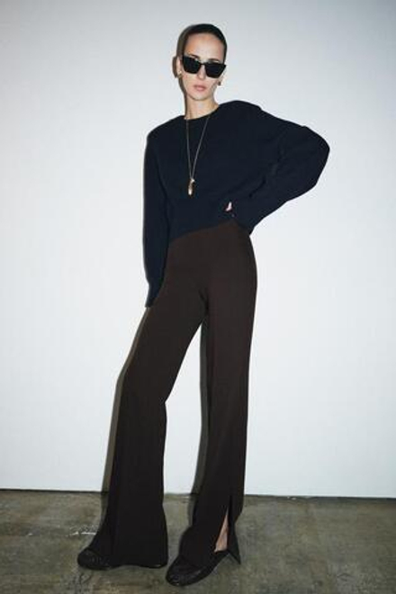 ZARA БРЮКИ FLARE С РАЗРЕЗАМИ ZW COLLECTION, КОРИЧНЕВЫЙ