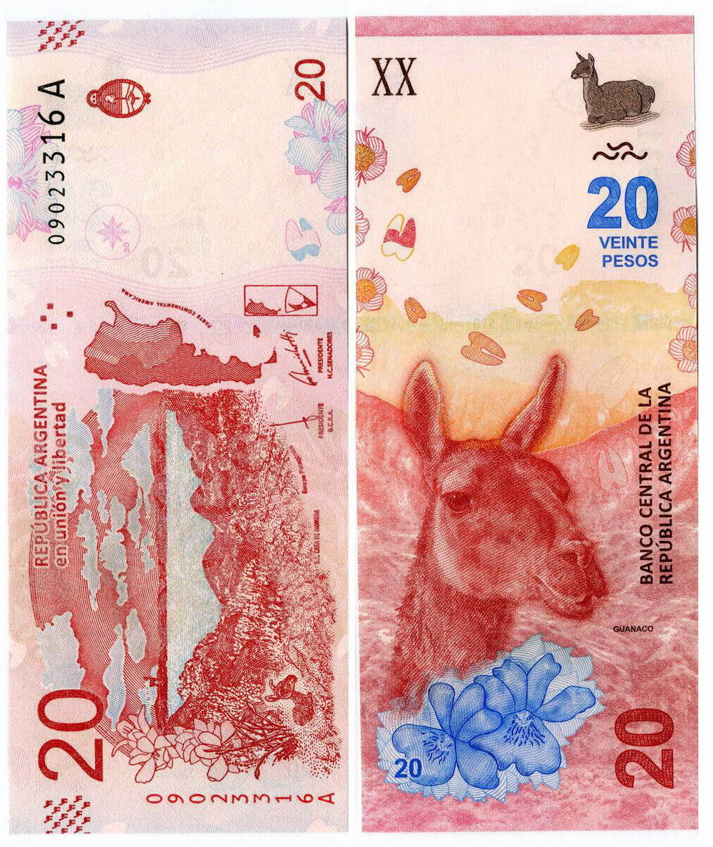 Банкнота Аргентина 20 песо 2017 год (лама Гуанако). UNC
