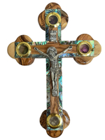 Крест распятие Иерусалимский из оливы с перламутром, 4 вставки, высота 14 с