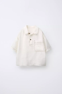 ZARA РУБАШКА ИЗ 100% ЛЬНА С КОНТРАСТНОЙ ОТДЕЛКОЙ, СВЕТЛО-БЕЖЕВЫЙ