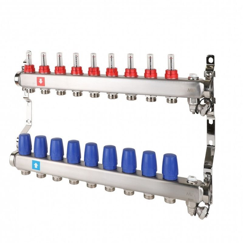 Блок коллекторный MVI из нержавеющей стали DN 25-9 выходов G 3/4, с расходомерами, с дренажным краном и воздухоотводчиком, евроконус, MS.709.06