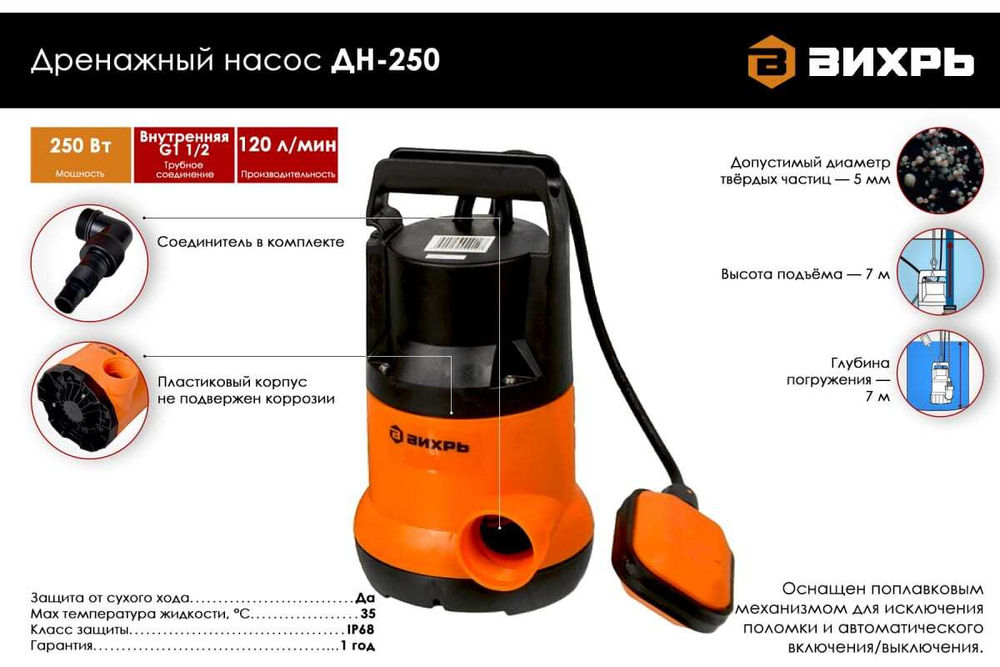 Дренажный насос Вихрь ДН-250, арт. 68/2/11