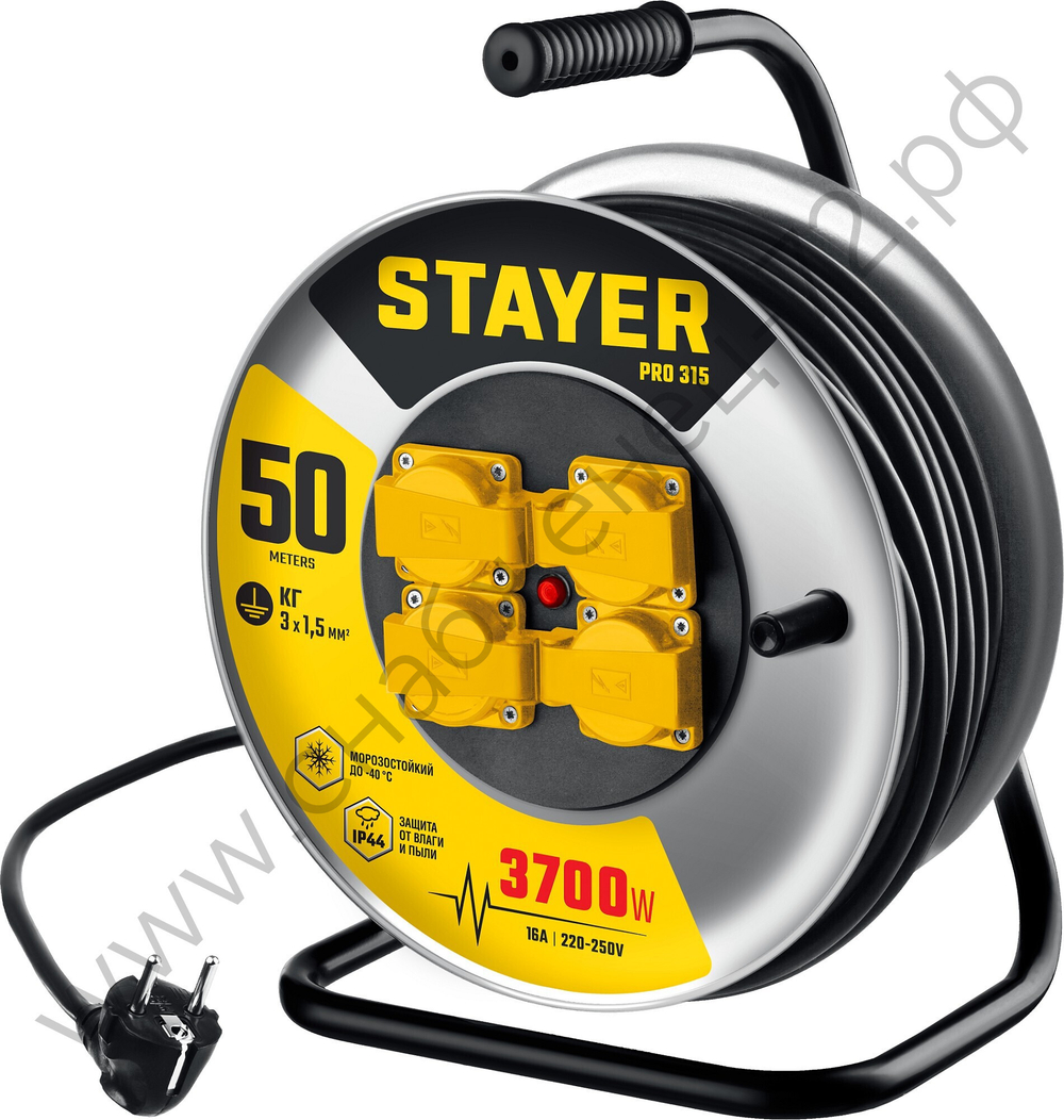 STAYER PRO 315 КГ 3х1.5 50м 3700Вт IP44, Силовой удлинитель на стальной катушке (55077-50)