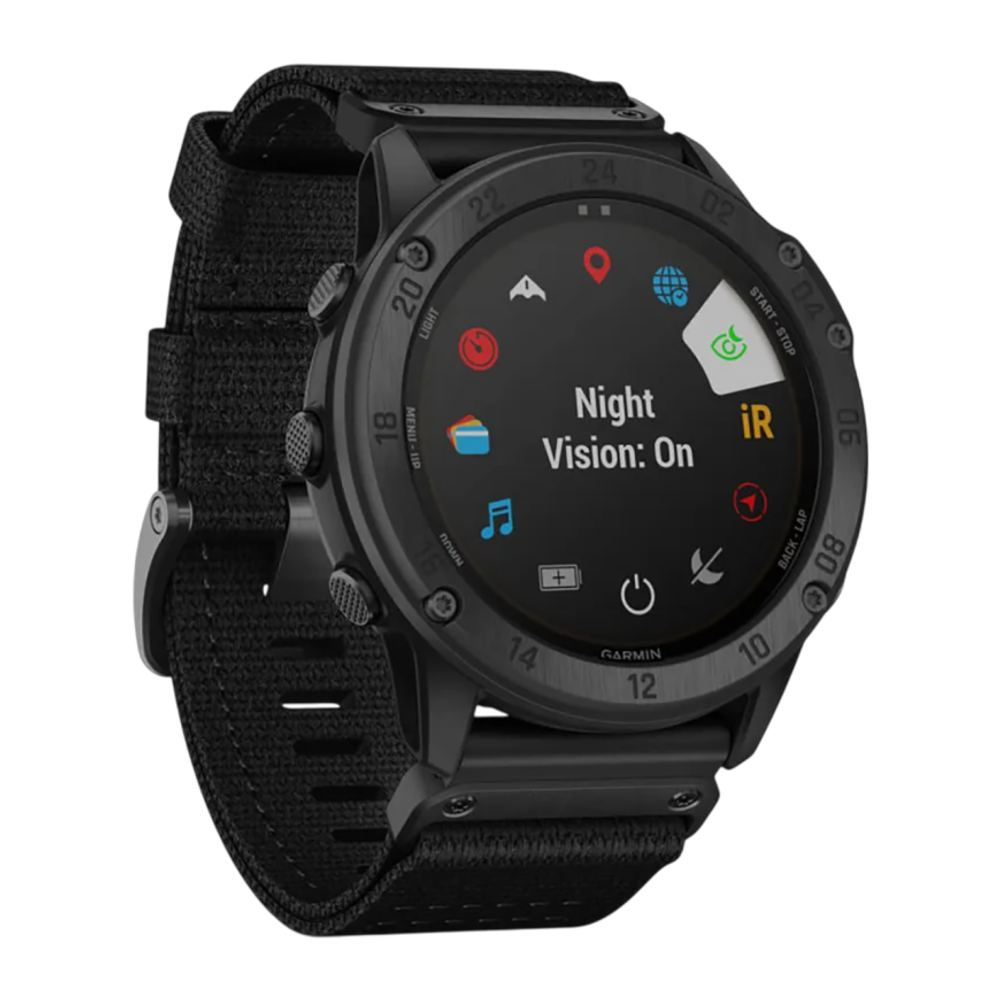 Спортивные часы Garmin tactix Delta Solar Edition, чёрный нейлоновый ремешок, чёрный силиконовый ремешок Безель из стали с DLC-покрытием, дисплей Solar со стеклом Power Sapphire. Нейлоновый ремешок и силиконовый ремешок с классическими застёжками — на зап