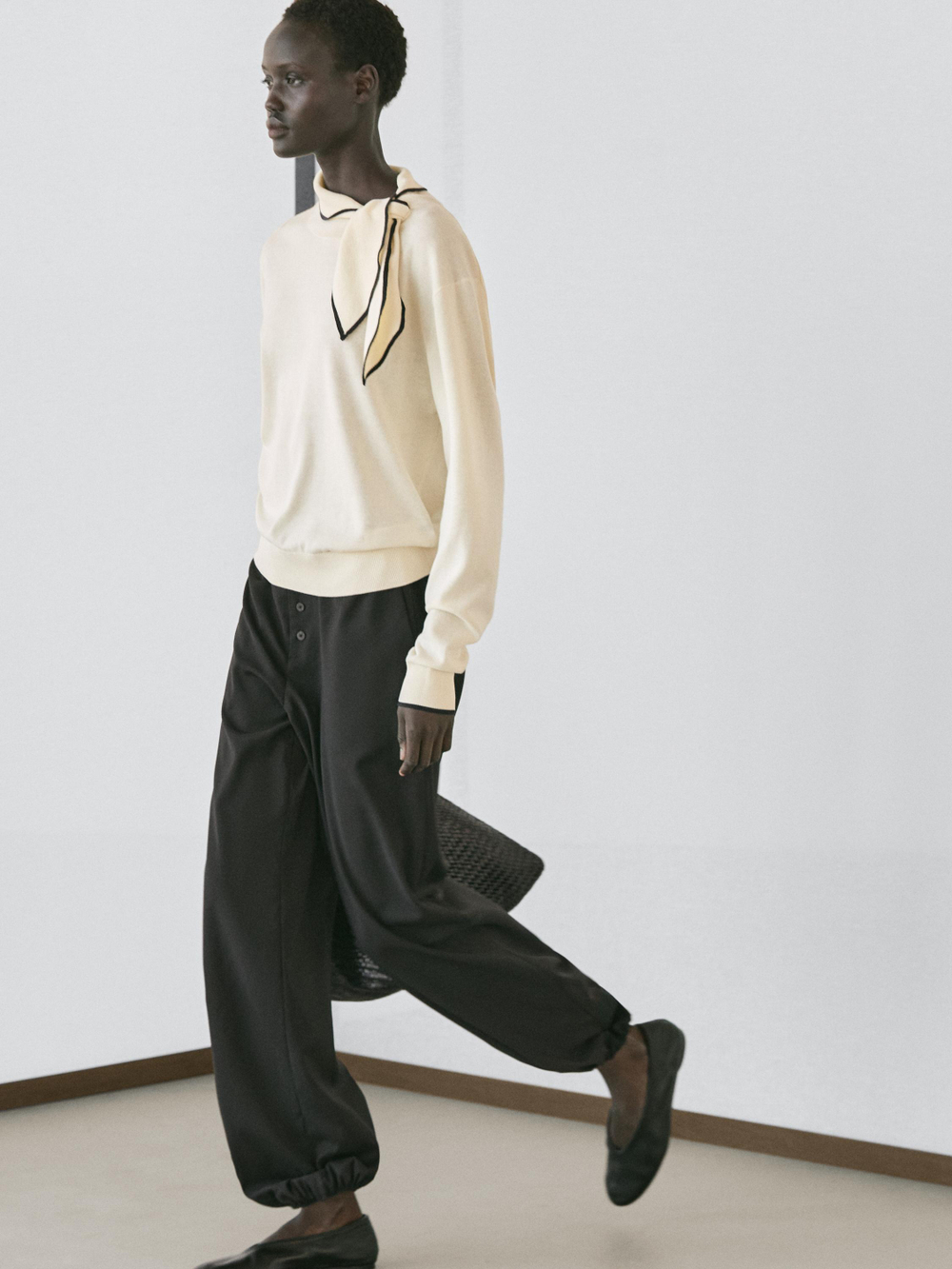 Massimo Dutti Хлопковый свитер с шарфом, натуральный/кремовый