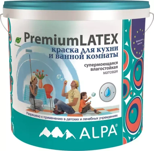 Краска Alpa Premium Latex для кухонь и ванных комнат супермоющаяся влагостойкая  База С