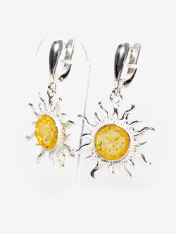 Серебряные серьги с цельным янтарем "Солнце", серебро 925 пробы