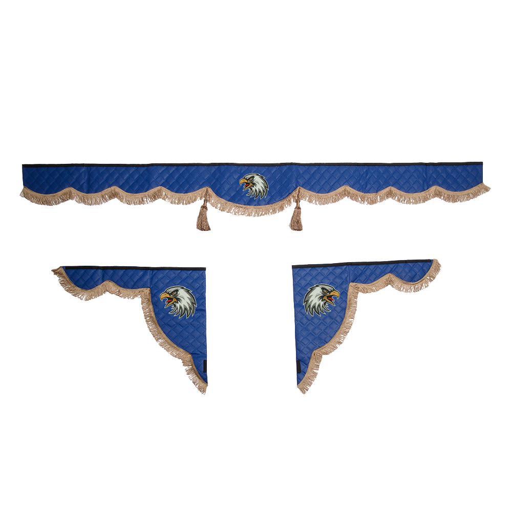 Ламбрекен с косынками универсальные стеганые Орел (экокожа, синий, коричневые кисточки)