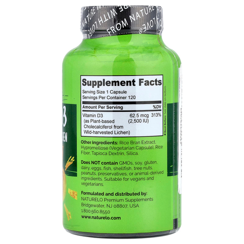 NATURELO, витамин D3, 62,5 мкг (2500 МЕ), 120 капсул, которые легко глотать