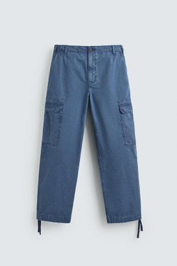 ZARA БРЮКИ КАРГО RELAXED FIT С ЭФФЕКТОМ ПОТЕРТОСТИ, СИНИЙ