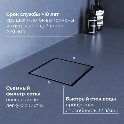 Душевой трап RGW SDR-10 квадратный, хром, металлическая крышка, горизонтальный слив (150x150)