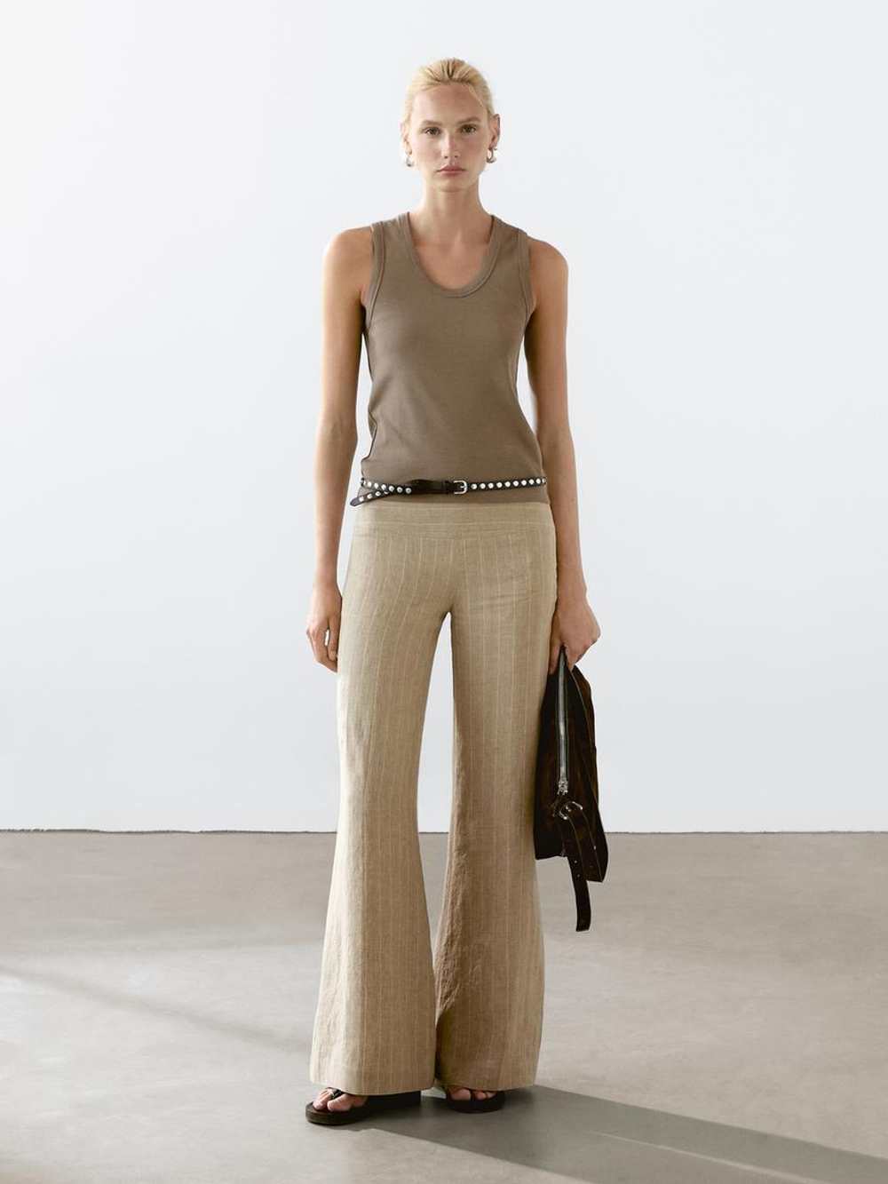 Massimo Dutti Топ из смесового хлопка с круглым вырезом, хаки