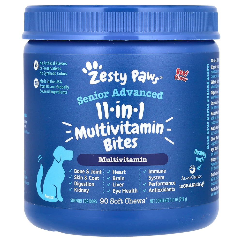Zesty Paws, Senior Advanced, мультивитамины 11 в 1, для собак, говядина, 90 жевательных таблеток, 315 г (11,1 унции)