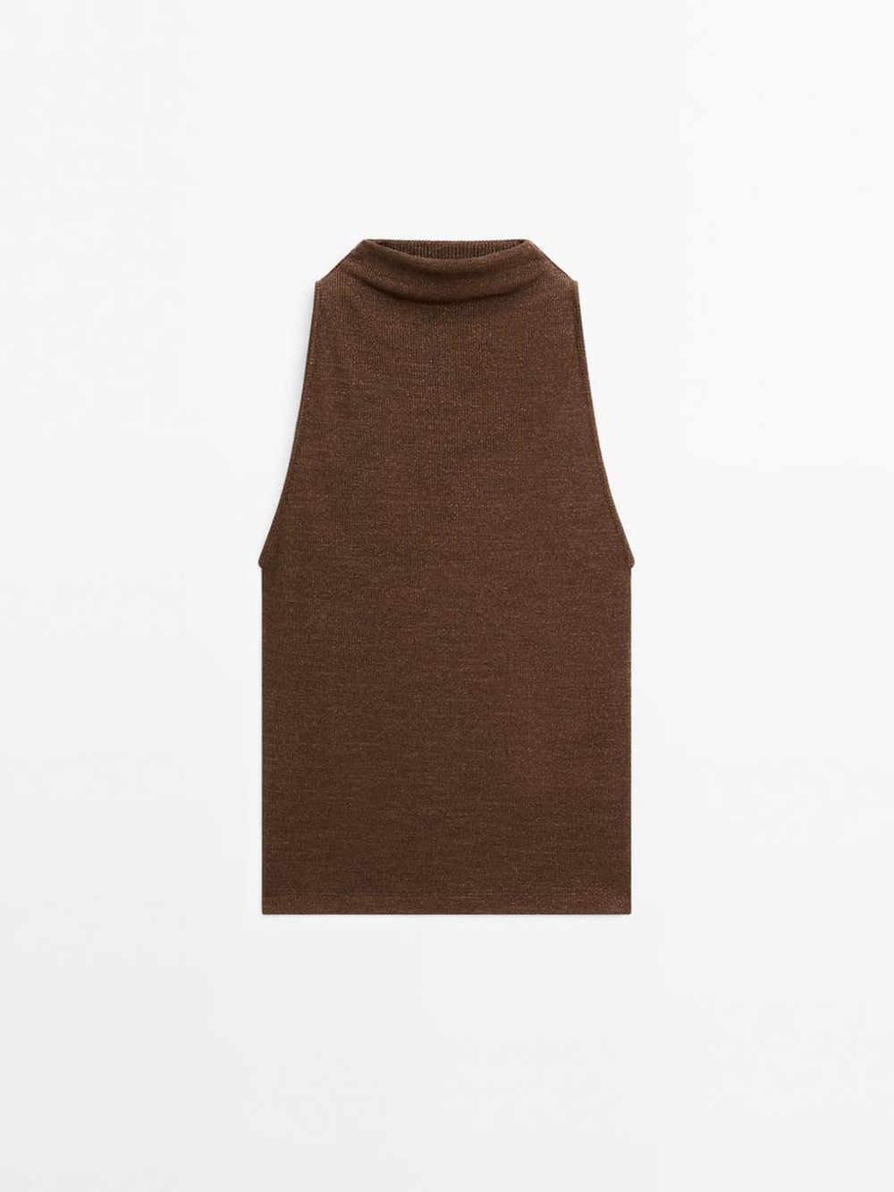 Massimo Dutti Топ с металлическим блеском и высоким воротником, коричневый