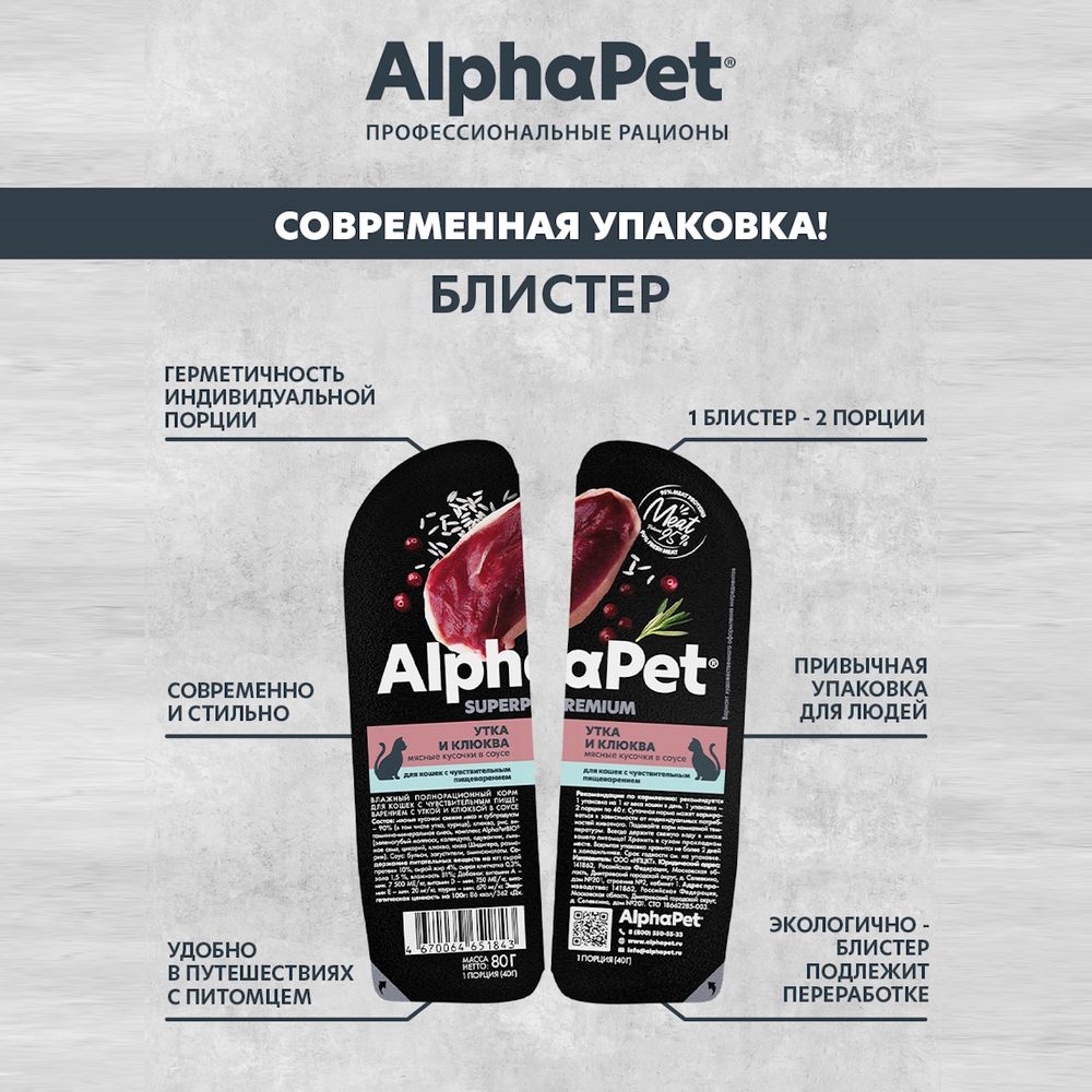 Влажный корм AlphaPet Superpremium для кошек с чувствительным пищеварением «Утка и клюква мясные кусочки в соусе» Влажный корм AlphaPet Superpremium для кошек с чувствительным пищеварением «Утка и клюква мясные кусочки в соусе»