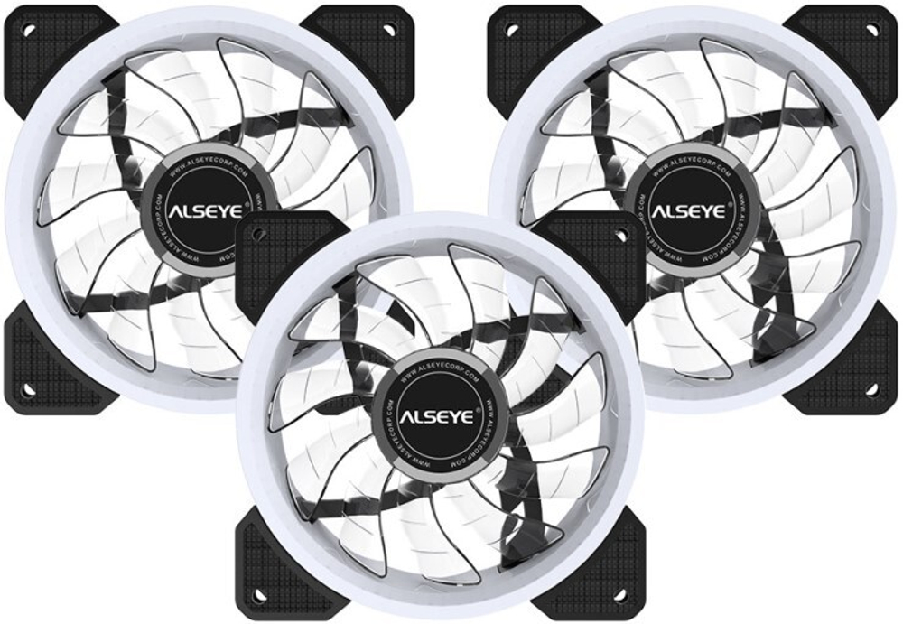 Комплект из 3 вентиляторов Alseye CRLS-300DS, 120мм, 700-1500rpm, 5-pin, белый-черный/ARGB, 62CFM, 30дБ, контроллер, пульт ДУ, антивибропрокладки, 2 ленты (AS.11.0014)