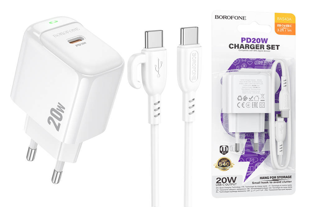 Сетевое зарядное устройство с кабелем Type-C/Type-C 1-метр 3А PD 20W 2гн-USB 1-метр BOROFONE BAS43A белый