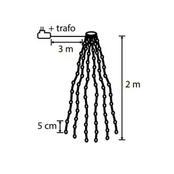 Светодиодная нить Хвост 480 белых ламп, 12 лучей по 2 метра, 24В, 8 режимов, таймер, зеленый провод, LUCA (85437)