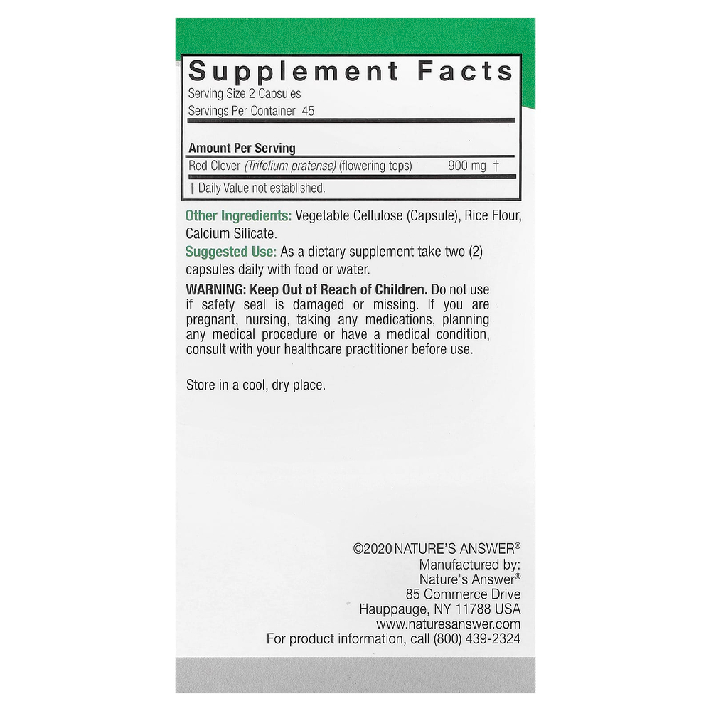 Nature's Answer, красный клевер, 90 вегетарианских капсул (450 мг в 1 капсуле)