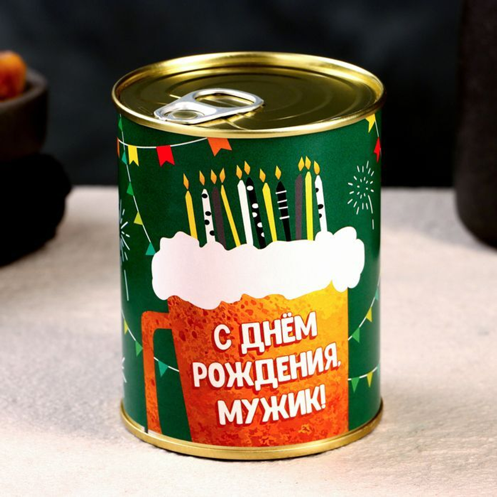 Набор в консервной банке «С днем рождения, мужик»: мыло и мочалка