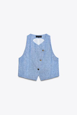 ZARA ЛЬНЯНОЙ ЖИЛЕТ ВНАХЛЕСТ, ГОЛУБОЙ