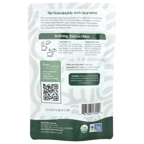 Starwest Botanicals, органический зеленый чай без кофеина, 20 чайных пакетиков, 40 г (1,4 унции)