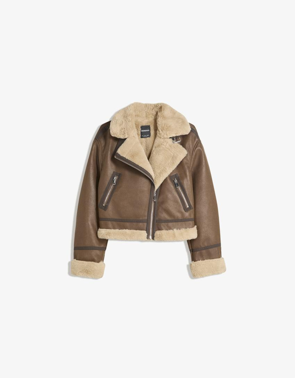 BERSHKA Куртка-дублена, коричневый