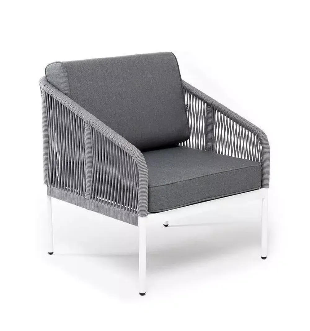 "Канны" кресло плетеное из роупа, каркас алюминий белый муар, роуп светло-серый круглый, ткань серая 017