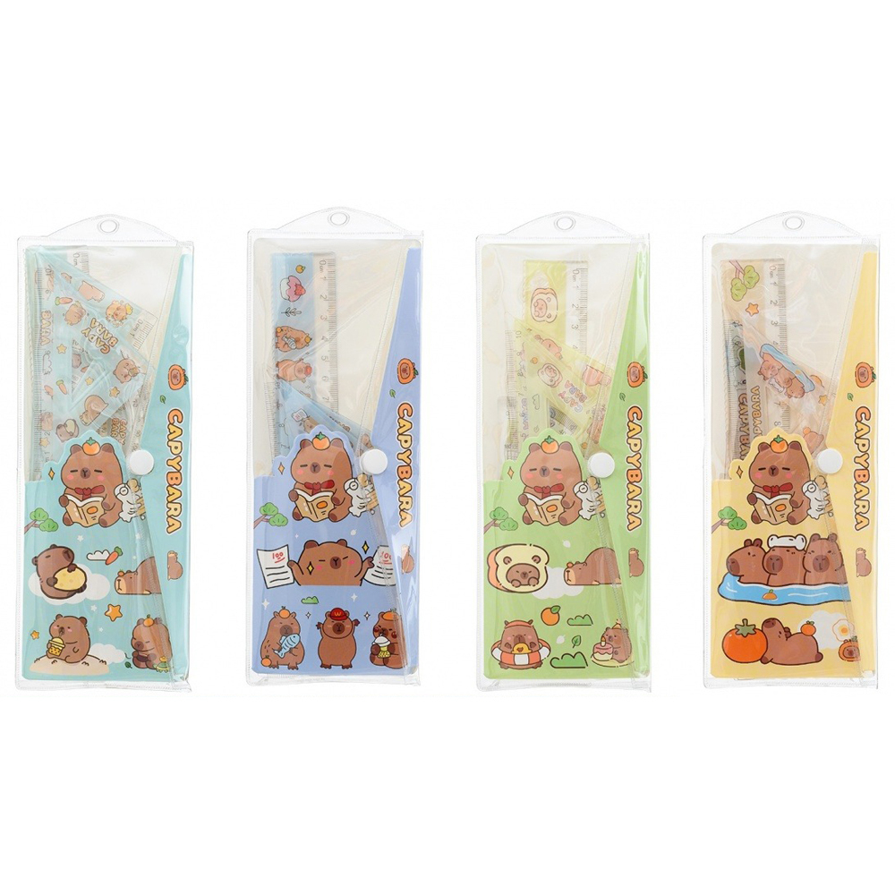 Линейка Basir пластиковая, набор 4 шт, серия "Капибара", 4 предмета: линейка 20 см, транспортир и два угольника