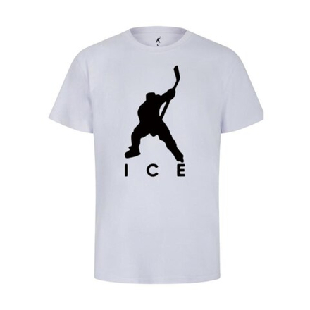 Футболка с черным средним хоккеистом гель и надписью под ним ICE