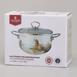 КАСТРЮЛЯ AGNESS ЭМАЛИРОВАННАЯ СО СТЕКЛЯННОЙ КРЫШКОЙ СЕРИЯ "LAVENDER CATS", 2,8 Л ДИА. 20СМ