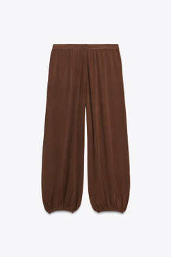 ZARA ТРИКОТАЖНЫЕ БРЮКИ СО СБОРКАМИ, ШОКОЛАДНЫЙ