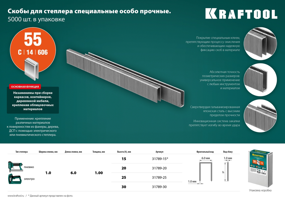 KRAFTOOL тип 18GA (55/90/C) 25 мм, 5000 шт, скобы для степлера (31789-25)